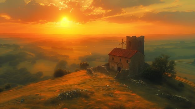 A castle is perched on a hill, silhouetted against the sunset sky. The clouds are painted with the warm hues of dusk, creating a picturesque natural landscape
