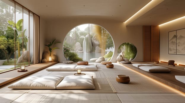A cozy room filled with numerous pillows strewn across the wooden flooring, overlooking a large window showcasing a beautiful view of the surrounding greenery