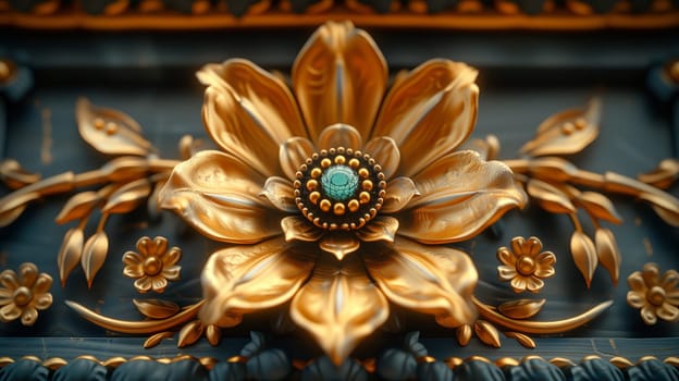 A close up of a golden petalshaped flower with a blue center adorning a wall, resembling a piece of jewelry. The symmetry and natural material bring a touch of elegance to the space