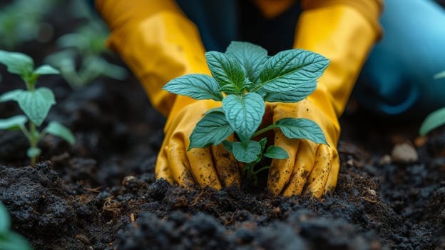 Taking care of seedlings in the garden in spring. A woman in gloves plants tomatoes in a greenhouse