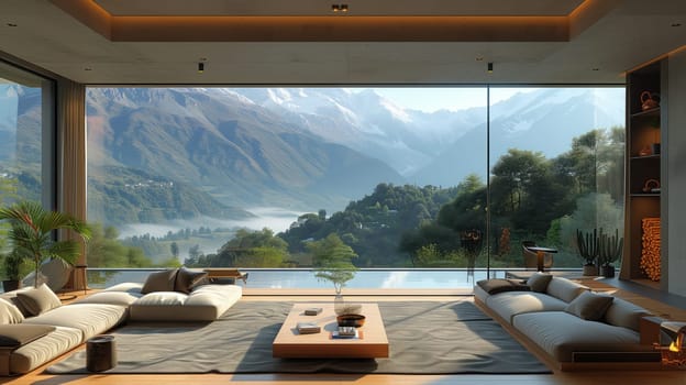 A cozy living room with a picturesque view of mountains, a tranquil lake, and lush greenery surrounding the house. The interior design highlights the natural landscape outside