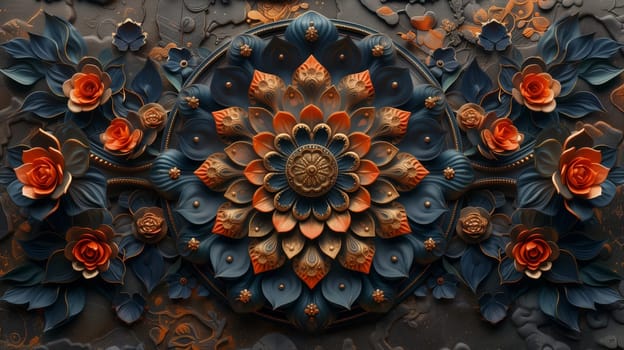 A detailed closeup of a symmetrical floral pattern on a wall, showcasing the intricate beauty of flowers, petals, and herbaceous plants in art form