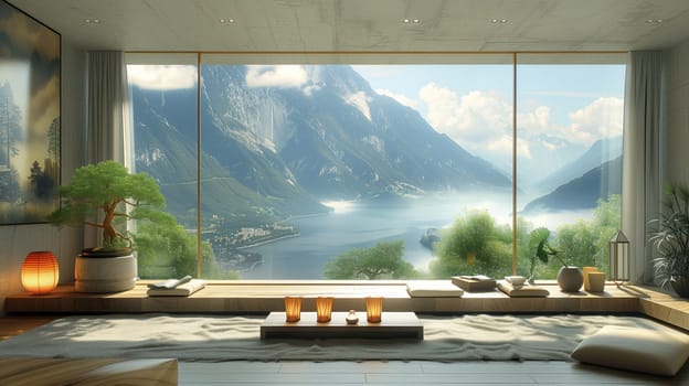 A cozy living room with a spacious window offering a picturesque view of the lake, mountains, and lush green landscape outside