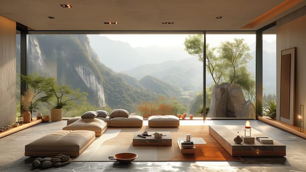 A cozy living room with a large window offering stunning views of the mountains. The room is filled with wood furniture and green plants