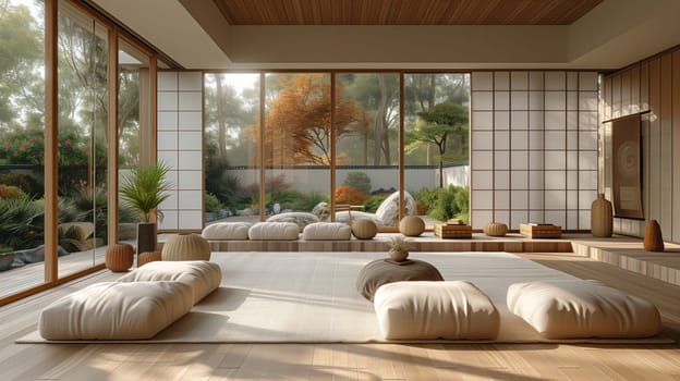 A cozy living room with ample natural light streaming in through numerous windows, scattered floor pillows for added comfort, and wooden furniture including a comfortable couch