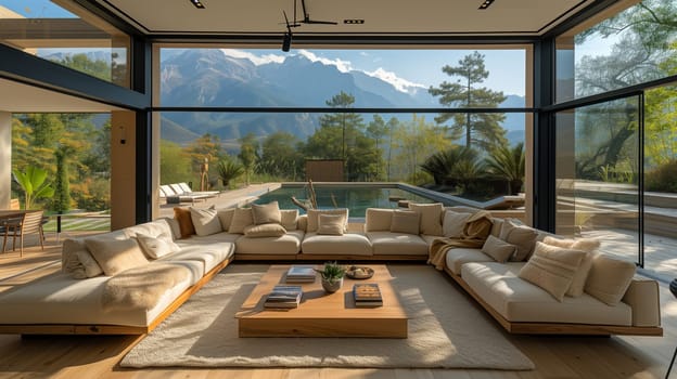 A spacious living room with abundant furniture overlooks a swimming pool in the backyard, surrounded by lush trees and a wooden deck for leisure