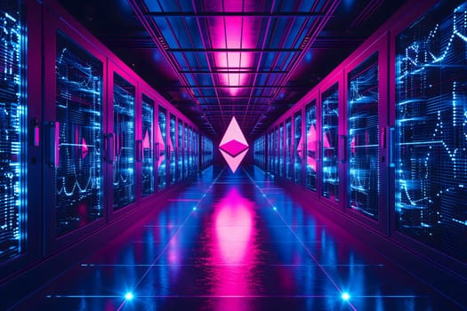 Pink Ethereum logo in server room with blue neon glow. Neural network generated image. Not based on any actual person or scene.