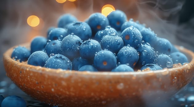 A bowl filled with blueberries emitting smoke, showcasing the beauty of natural foods and the versatility of this superfood ingredient