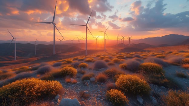 A row of wind turbines in the desert under a colorful sunset sky with scattered cumulus clouds, creating a serene natural landscape