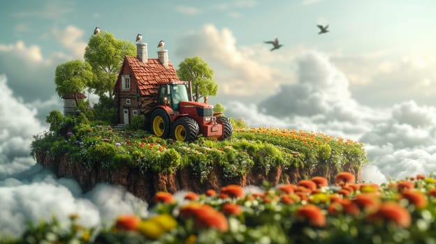 A 3D illustration of smart farming concept, a tractor on a floating piece of land with cultivated fields and crops. Agricultural concept with clouds and birds.