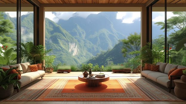 A cozy living room with a large window offering a picturesque view of the majestic mountain range. The room is adorned with wooden fixtures and flooring, creating a natural landscape indoors