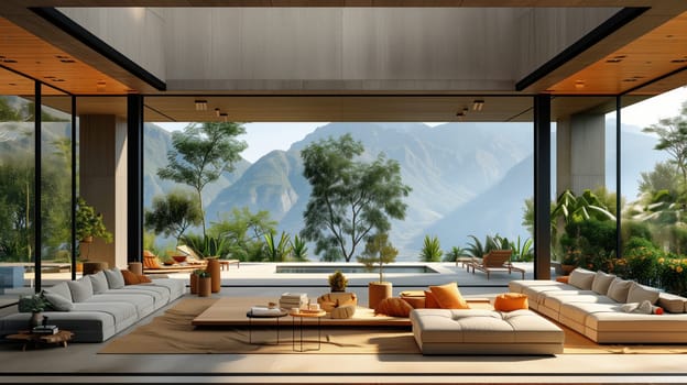 An interior design featuring a living room with a variety of furniture, showcasing a breathtaking view of mountains through the window