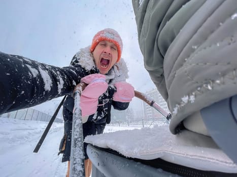 Father walks through the snowy landscape, child moment of seasonal joy.