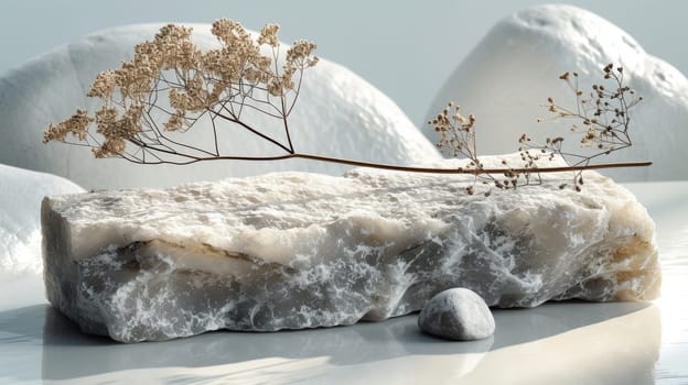 White background with stone podium and dry flower as a backdrop for cosmetic products in a natural beige color.