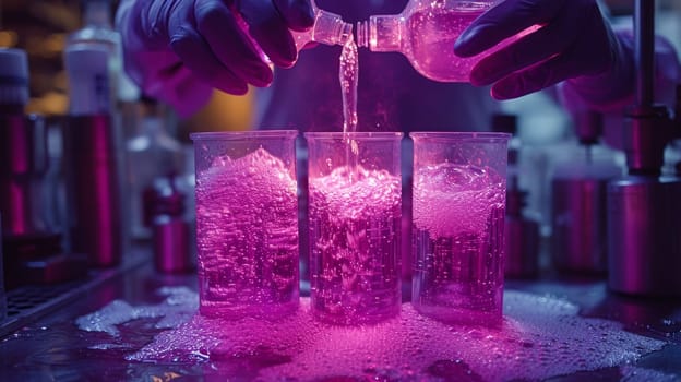 During a science experiment, a biotech scientist pours purple liquid
