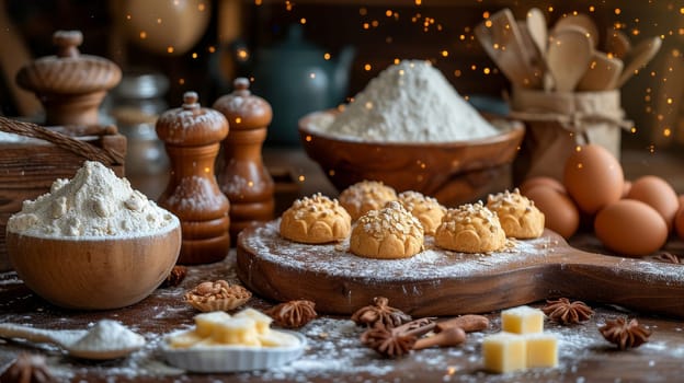 Young family with preschoolers has fun baking pastry together at home, parents have fun with their children baking bakery goods in the kitchen on weekends.