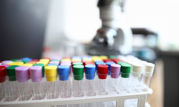 Test tubes with colored caps are in laboratory. Test results for coronavirus. Virological laboratory. Adapted for special experiments and research. Analytical or sanitary stations
