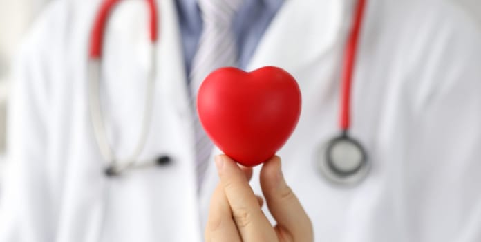 Doctor holds mock heart with black dot, pacemaker. Reduce risks heart disease. Get advice from specialist doctor. Preparation for diagnostic study heart. Providing high-tech medical care