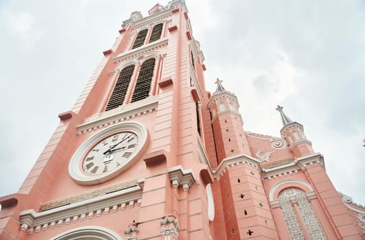 Ho Chi Minh City, Vietnam - 03.07.2023: View of the pink Tan Dinh church. High quality photo