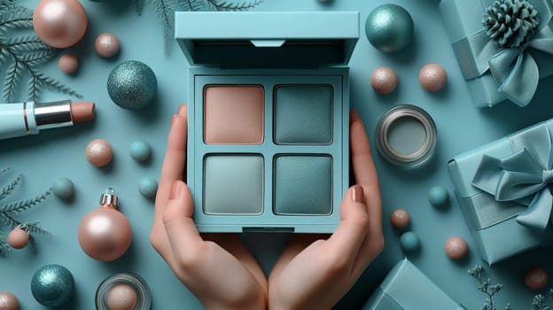 The picture shows a makeup cosmetics and gift box in hand on a light blue background