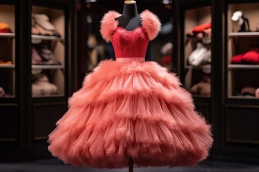 A lush coral-colored dress on a mannequin in a fashion store.