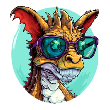 Cute and funny fairy tale dragon with glasses in vector pop art style. Mythological creature in bright colours. Template for t-shirt print, poster, sticker, etc.