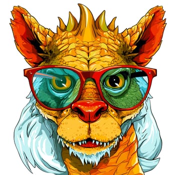 Cute and funny fairy tale dragon with glasses in vector pop art style. Mythological creature in bright colours. Template for t-shirt print, poster, sticker, etc.