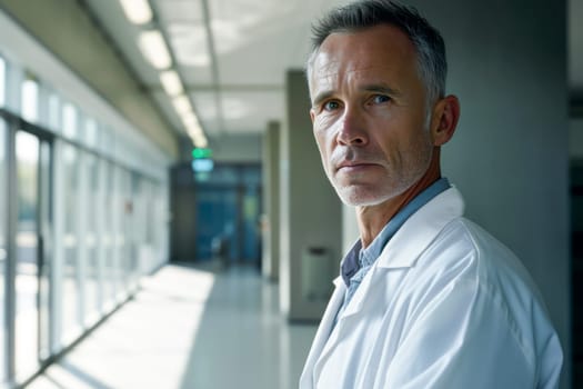 A professional doctor dressed in a lab coat stands confidently in a hospital hallway.