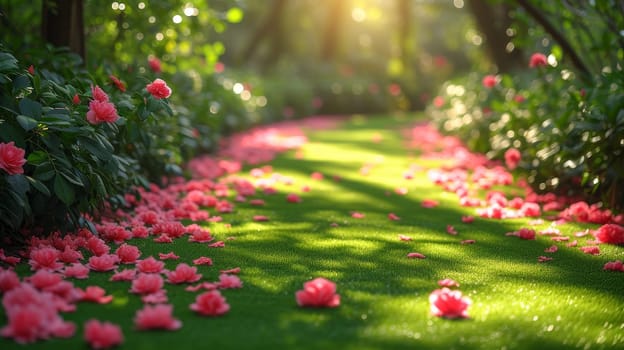 Spring flowers blooming in a lush green botanical garden.