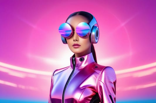 Beautiful woman in futuristic costume over glowing background. Violet neon light. Portrait of young girl in modern headphones listening music. Concept of future