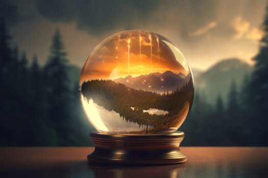 Mystical crystal ball on table reflecting a majestic mountain landscape with fiery meteor shower.