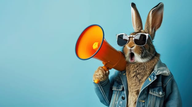 A trendy rabbit making a statement with a megaphone, dressed in a denim jacket and sunglasses.