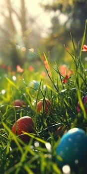 Colorful Easter eggs nestled in the grass, surrounded by fresh spring flowers, capturing the joy of an Easter egg hunt.