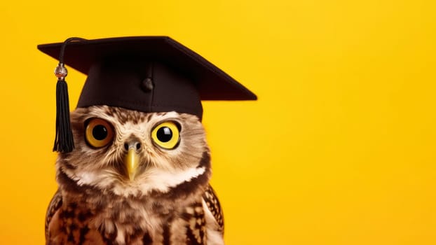 Close-up of a wise-looking owl wearing a graduation hat against a vibrant yellow backdrop, symbolizing achievement and education.