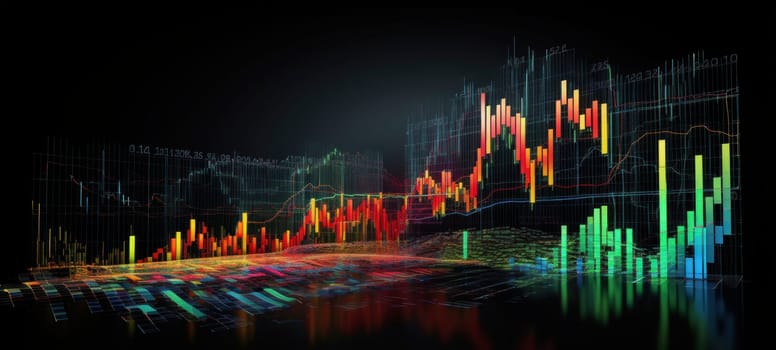 Abstract stock market data visualization with colorful digital graphs