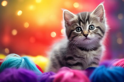 Tabby kitten with bright eyes nestled in vibrant yarn