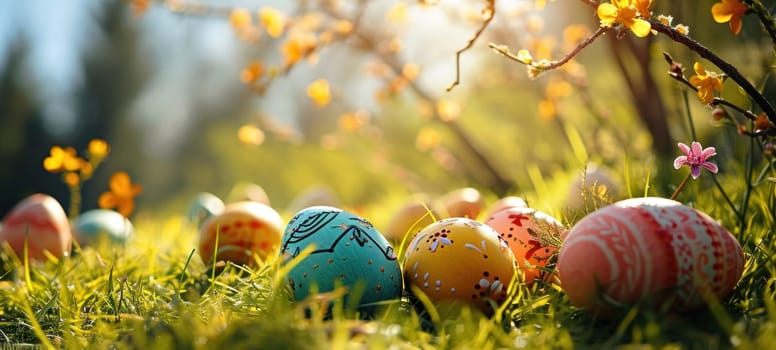 Decorated Easter eggs nestled among the moss and flowers in a sun-drenched forest scene.