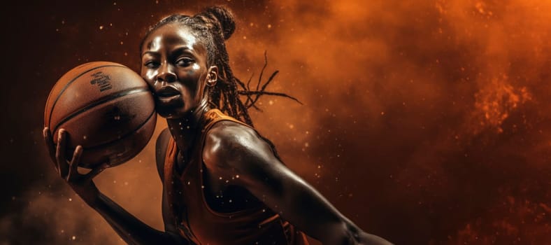 A focused female basketball player in mid-action, with a dynamic orange backdrop, capturing the intensity of the sport.