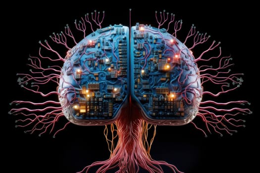Human brain interconnected with microchips and circuits