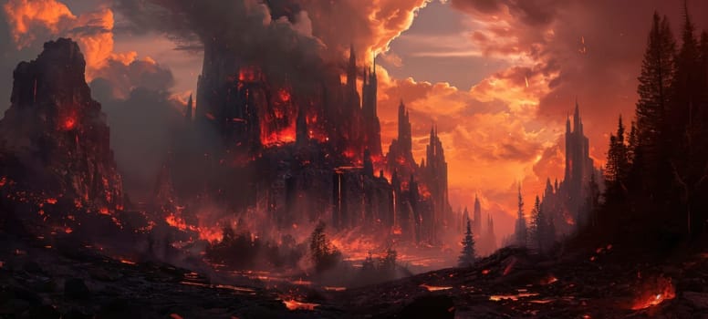 A stunning volcanic landscape engulfed in flames and molten lava flows, captured under the dramatic dusk sky.