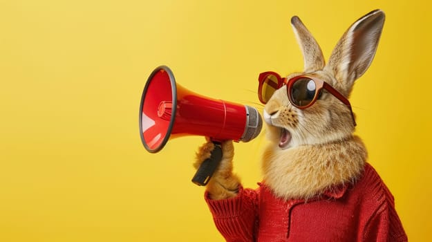 A brown rabbit dressed in a red hoodie and sunglasses, holding a megaphone against a vibrant yellow background.