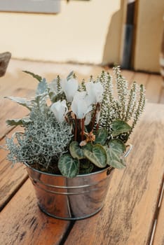 Flower composition. Bouquet of dried plants, flowers or leaves in a small bucket vase on old wooden table