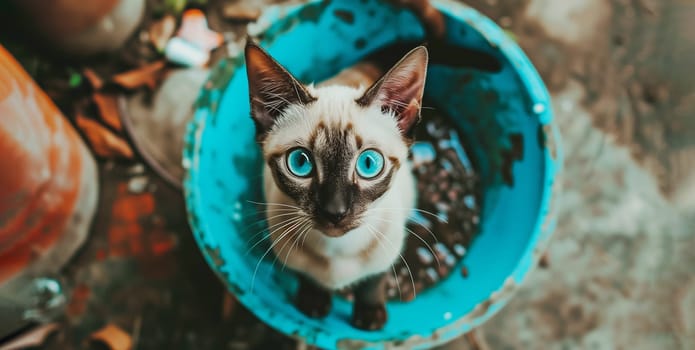Portrait Homeless Mink Thai Tonkinese Cat With Blue Eyes Sitting on Container. National Cat Day, Awareness Of Cat Adoption. Fur Kitty, Lovely Pet. AI Generated. Horizontal. Hight View Angle