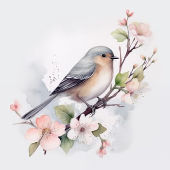 watercolor cute robin bird on spring blossom branch. Spring flowers on tree and beautiful bird. Can used for greeting card, invitation, postcard, embroidery template.