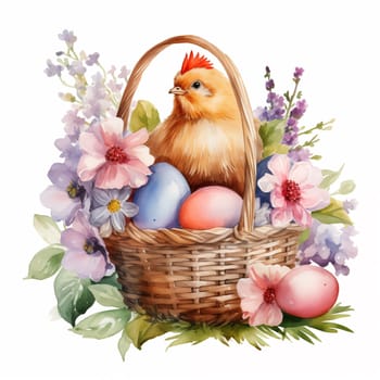 cute watercolor hen in basket and spring flowers, and easter eggs. Cute watercolor illustration can used for greeting card, celebration design, banner, poster, postcard.
