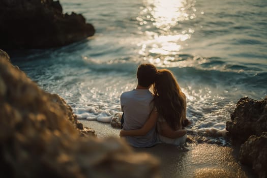 A happy couple sits in the water on the seashore, looking at the sunset.