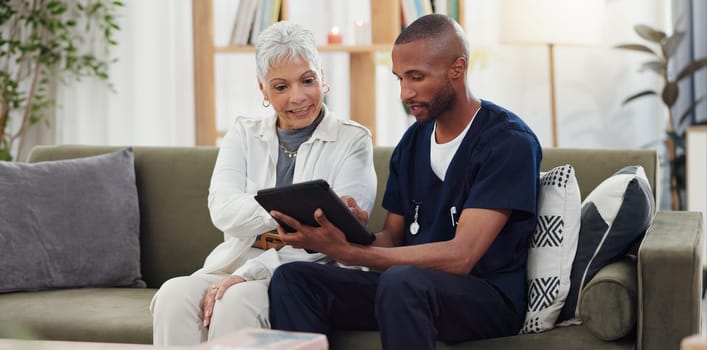 Old woman, man and tablet, caregiver with patient for healthcare and medical information or help with social media. Support, African nurse for elderly care and tech, telehealth and how to work app.