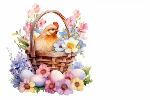 cute watercolor hen in basket and spring flowers, and easter eggs near the basket. Cute watercolor illustration can used for greeting card, celebration design, banner, poster, postcard.