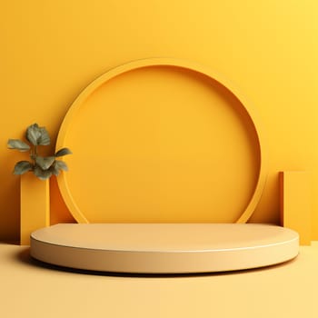 3d podium with ring on yellow background for cosmetic product. Minimalistic decor, daylight. Can used for goods on pedestal - cosmetic creams, lotion.