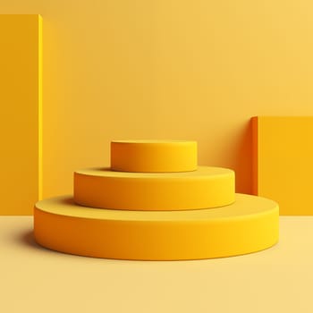 3d podium with 3 parts on yellow background for cosmetic product. Minimalistic decor, daylight. Can used for goods on pedestal - cosmetic creams, lotion.